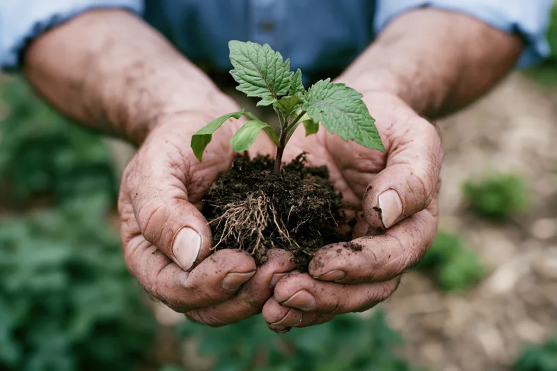 Weathered hands holding a small green plant with soil and roots in a garden setting