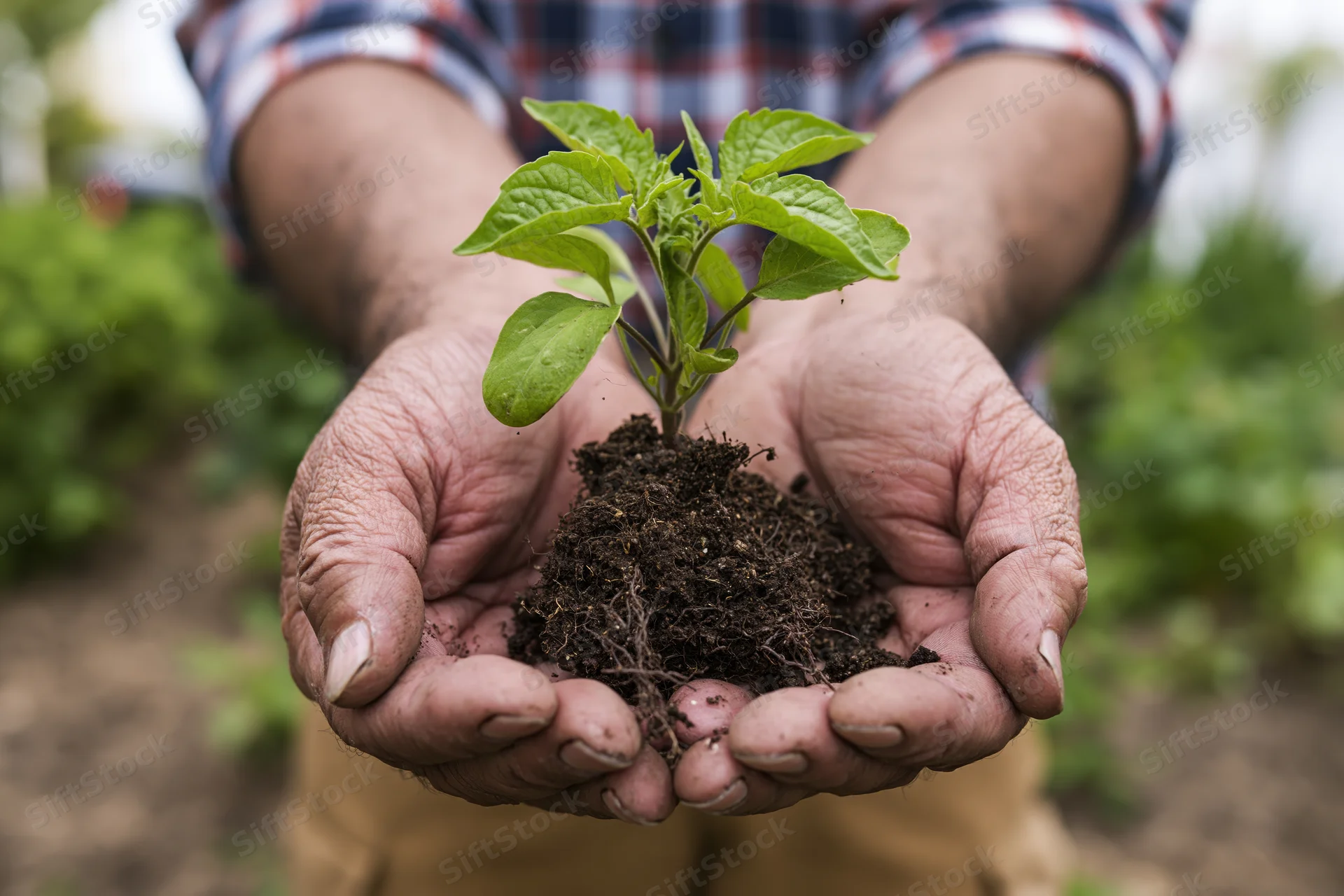 Weathered hands holding a small green seedling with soil in a garden setting