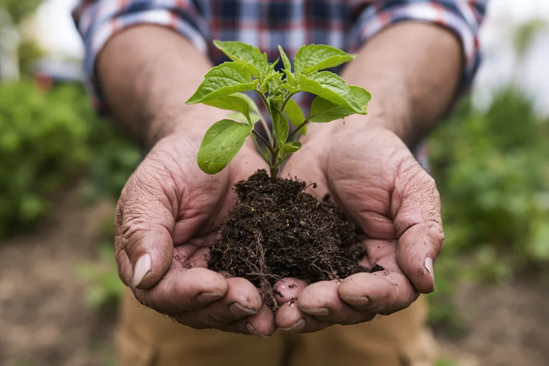 Weathered hands holding a small green seedling with soil in a garden setting