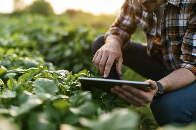 Farmer crouching in a field using tablet to inspect crops