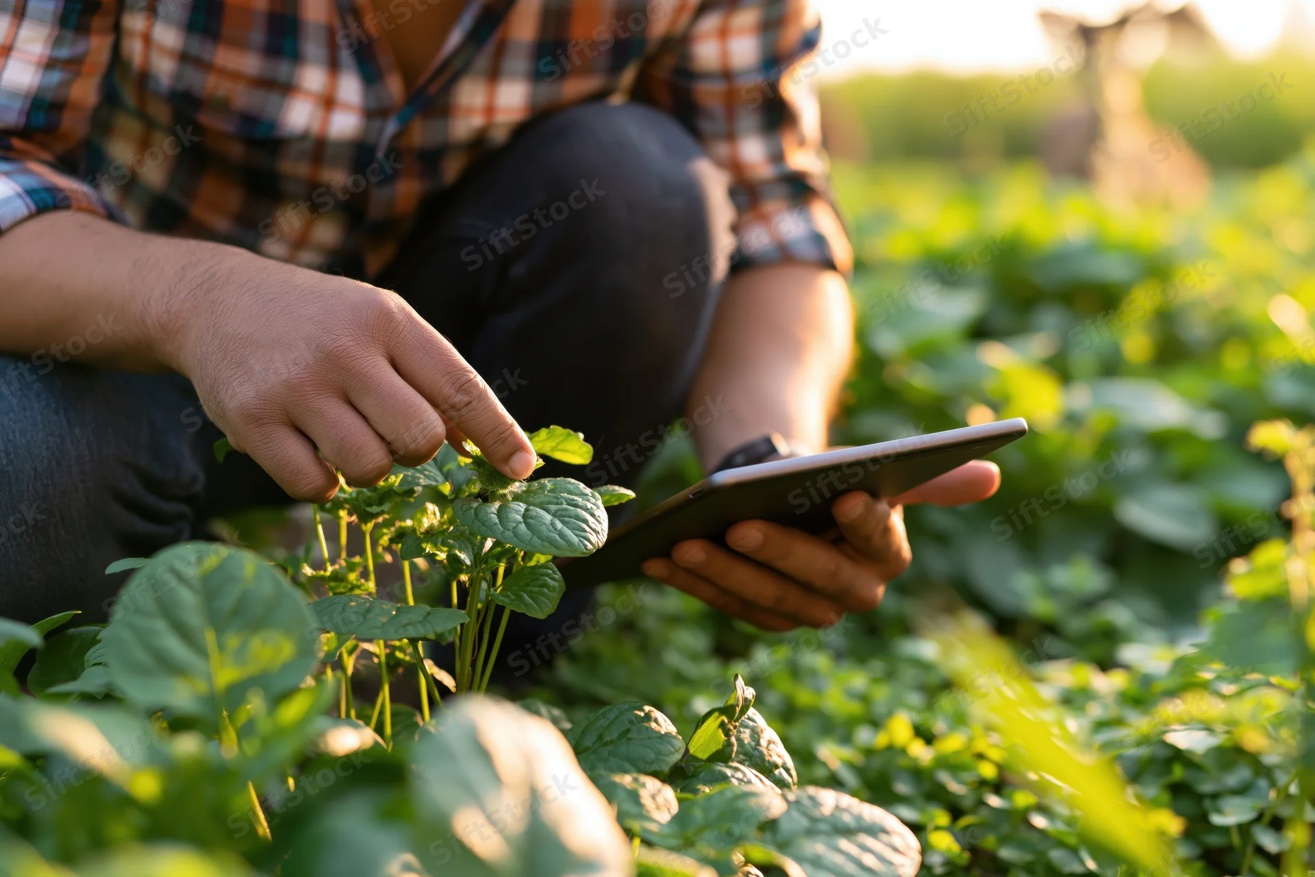 Farmer crouching in a field inspecting a plant while holding a tablet
