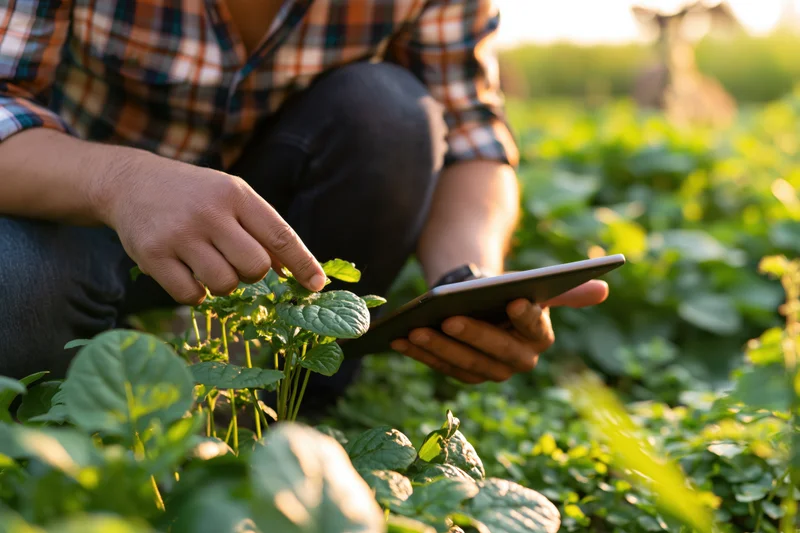 Farmer crouching in a field inspecting a plant while holding a tablet