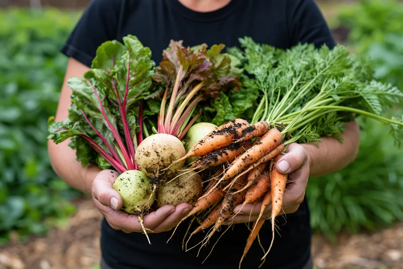 Person holding freshly harvested carrots, beets, and turnips in a garden