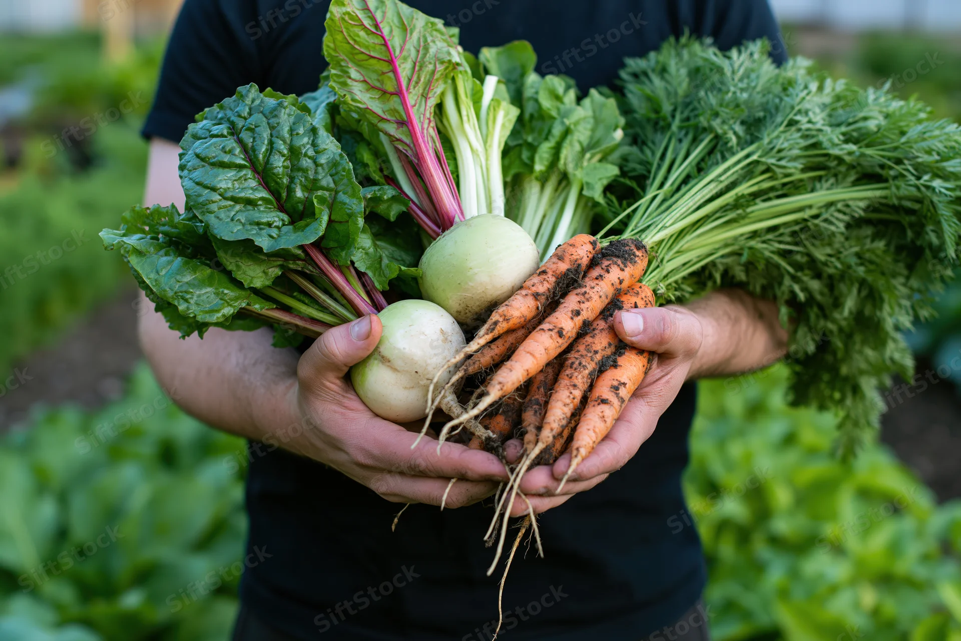 Man holding freshly harvested vegetables in a garden