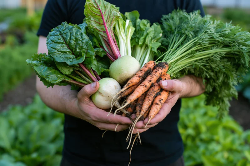 Man holding freshly harvested vegetables in a garden