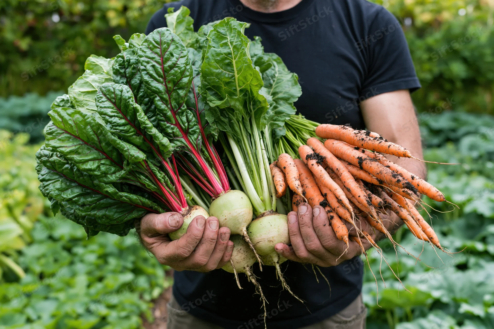 Man holding freshly harvested carrots, beets and radishes in a garden
