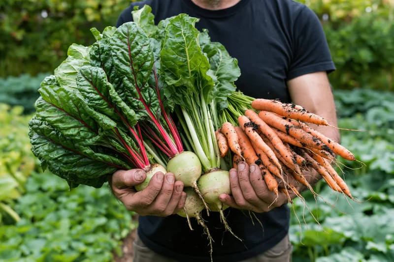 Man holding freshly harvested carrots, beets and radishes in a garden