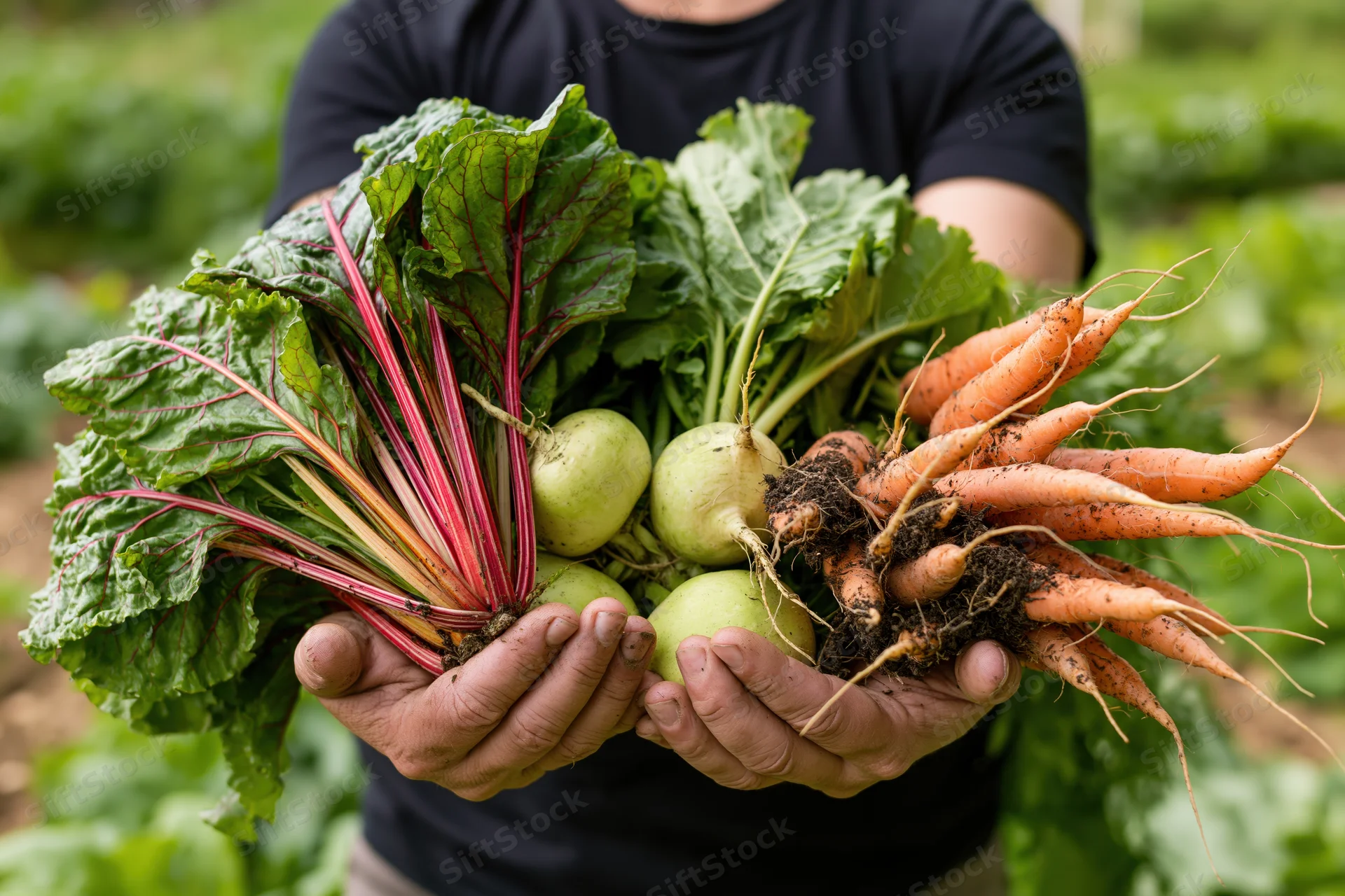 Farmer holding freshly harvested vegetables in a garden