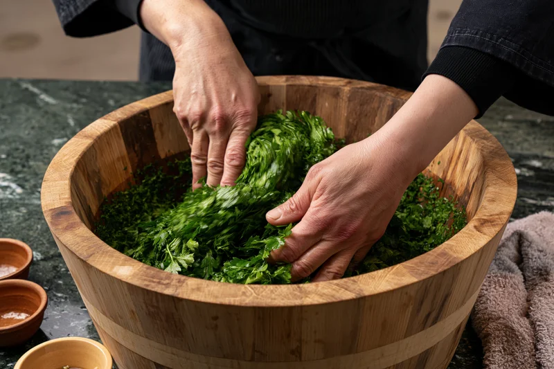 Hands mixing fresh parsley in a wooden bowl on a kitchen countertop