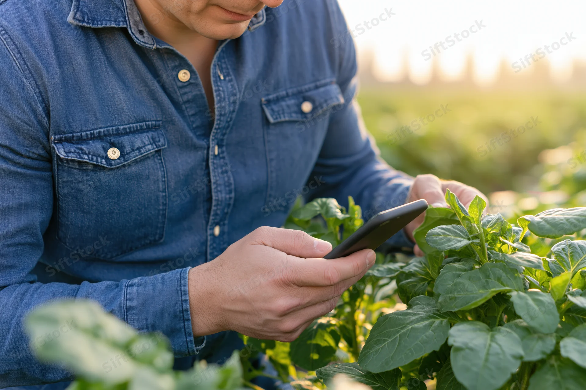 Farmer inspecting crops with smartphone in a field during daylight