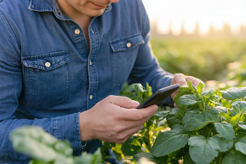 Farmer inspecting crops with smartphone in a field during daylight