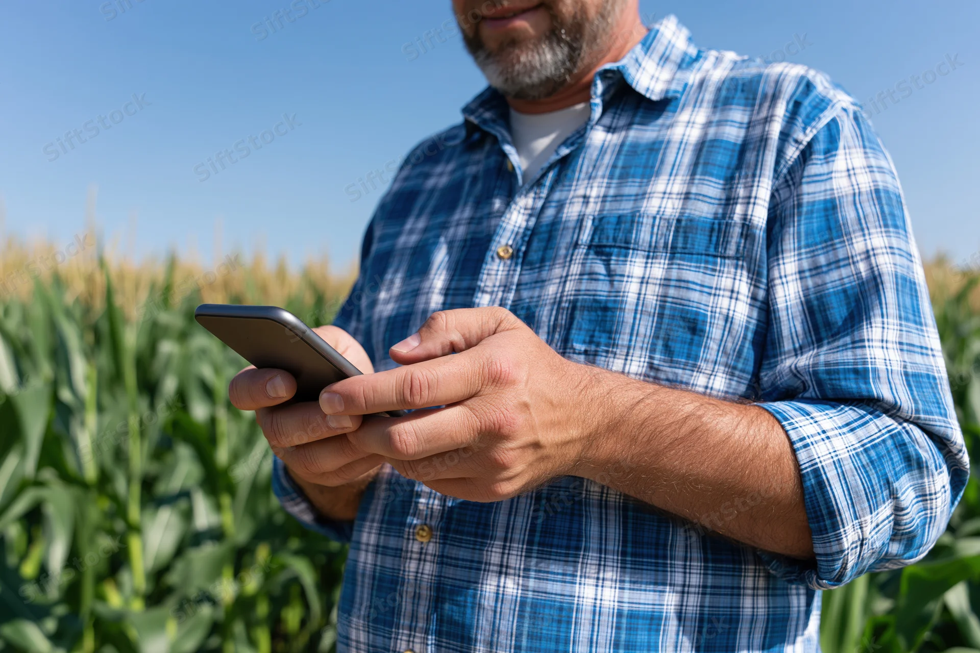 Man using smartphone in cornfield during daytime
