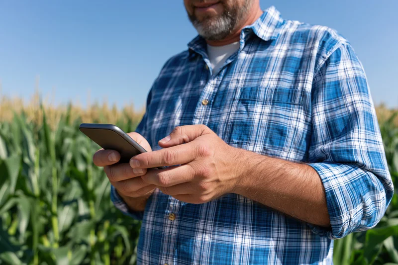 Man using smartphone in cornfield during daytime