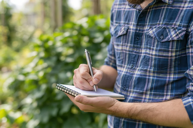 Man writing in notebook while observing plants in garden