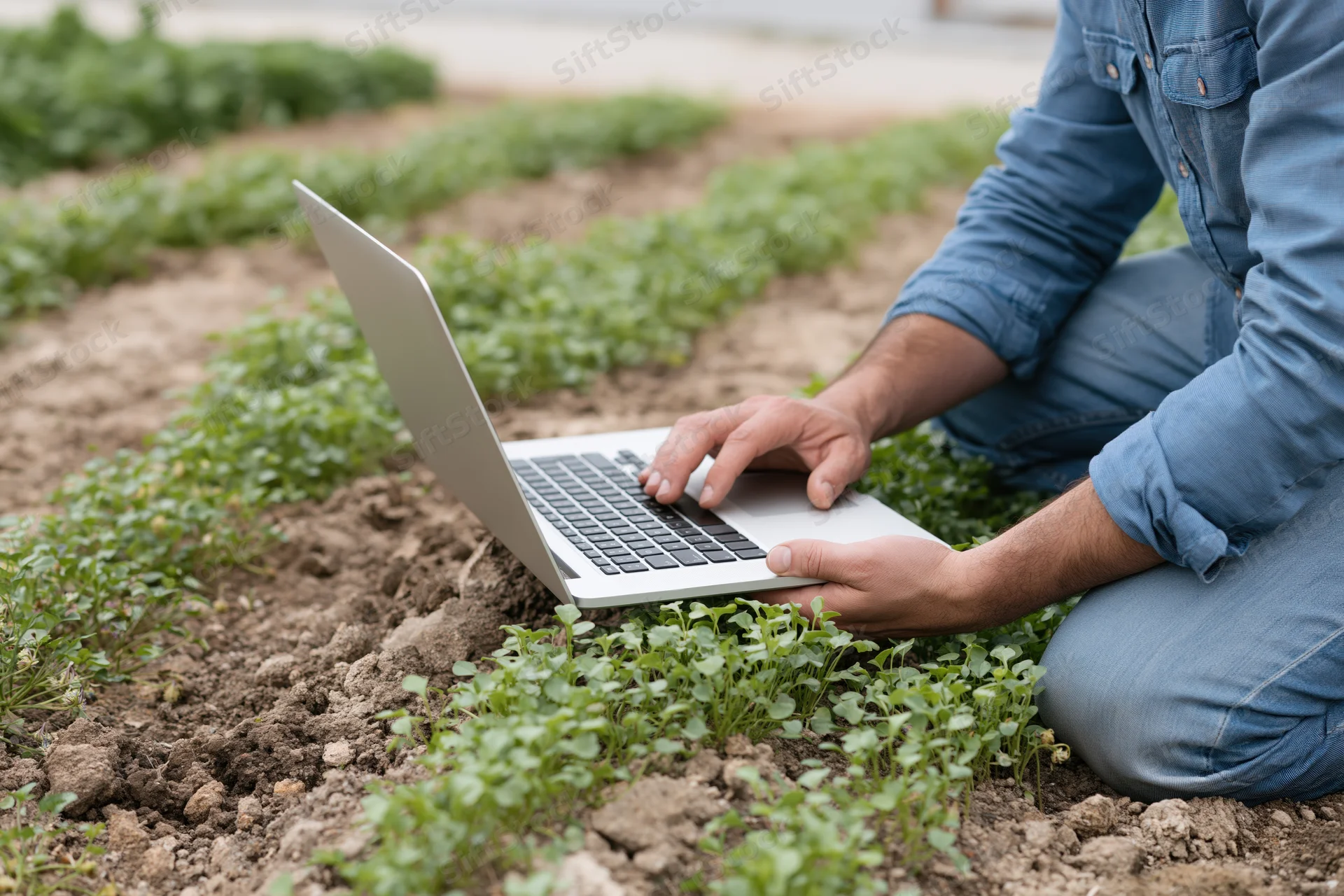 Farmer typing on laptop in a crop field, kneeling beside young plants in soil