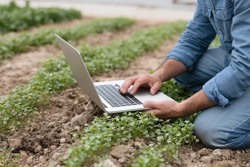 Farmer typing on laptop in a crop field, kneeling beside young plants in soil