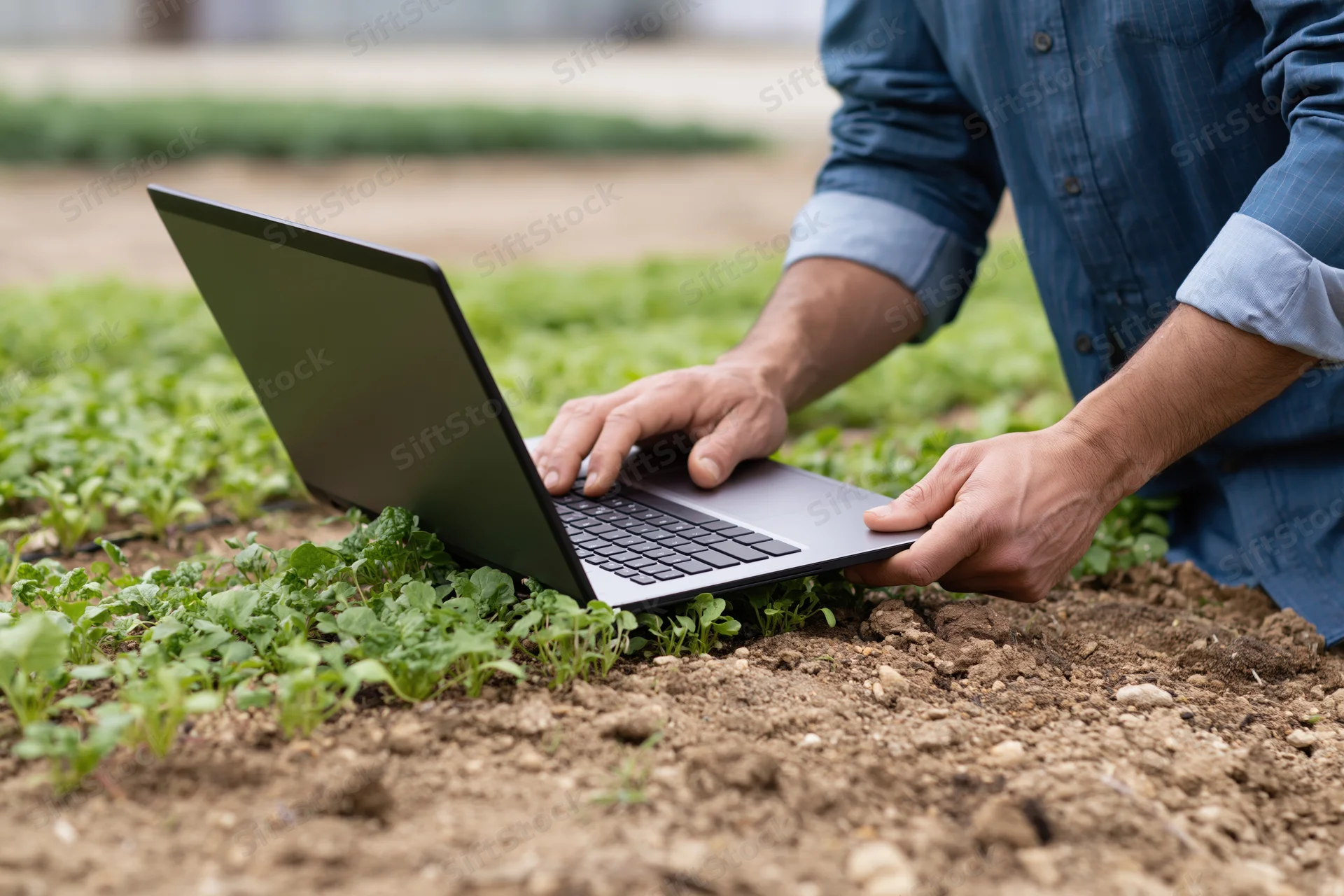 Farmer using laptop in field to monitor crop growth