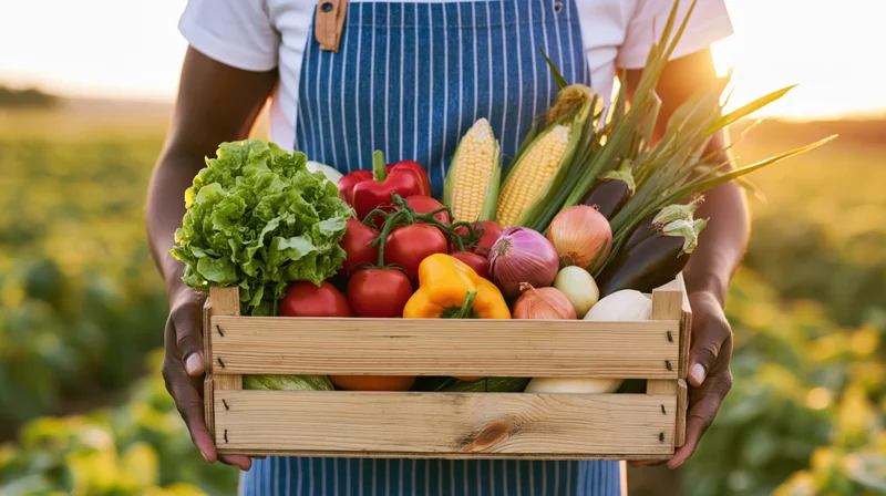 Woman holding wooden crate filled with fresh vegetables in a field at sunset