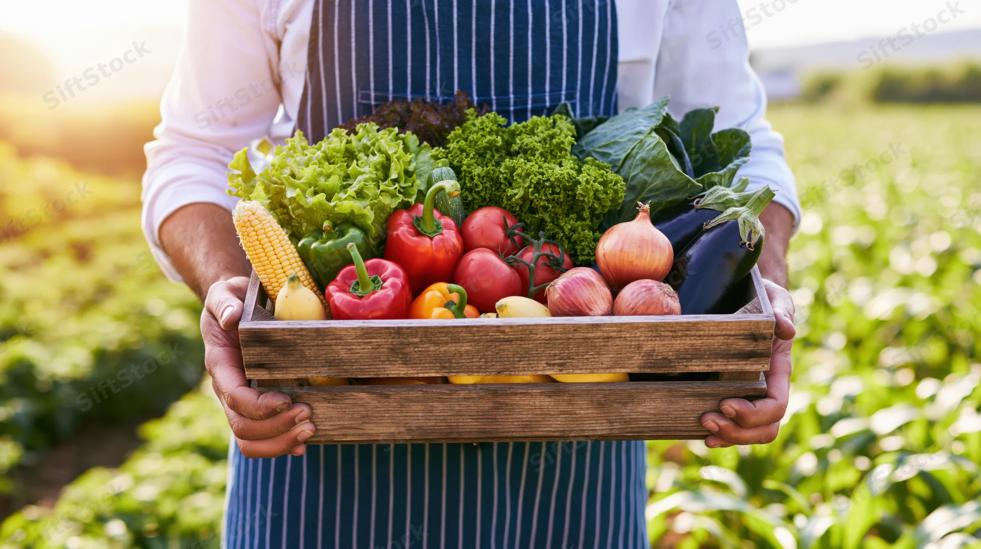 Farmer holding wooden crate filled with fresh vegetables in a field