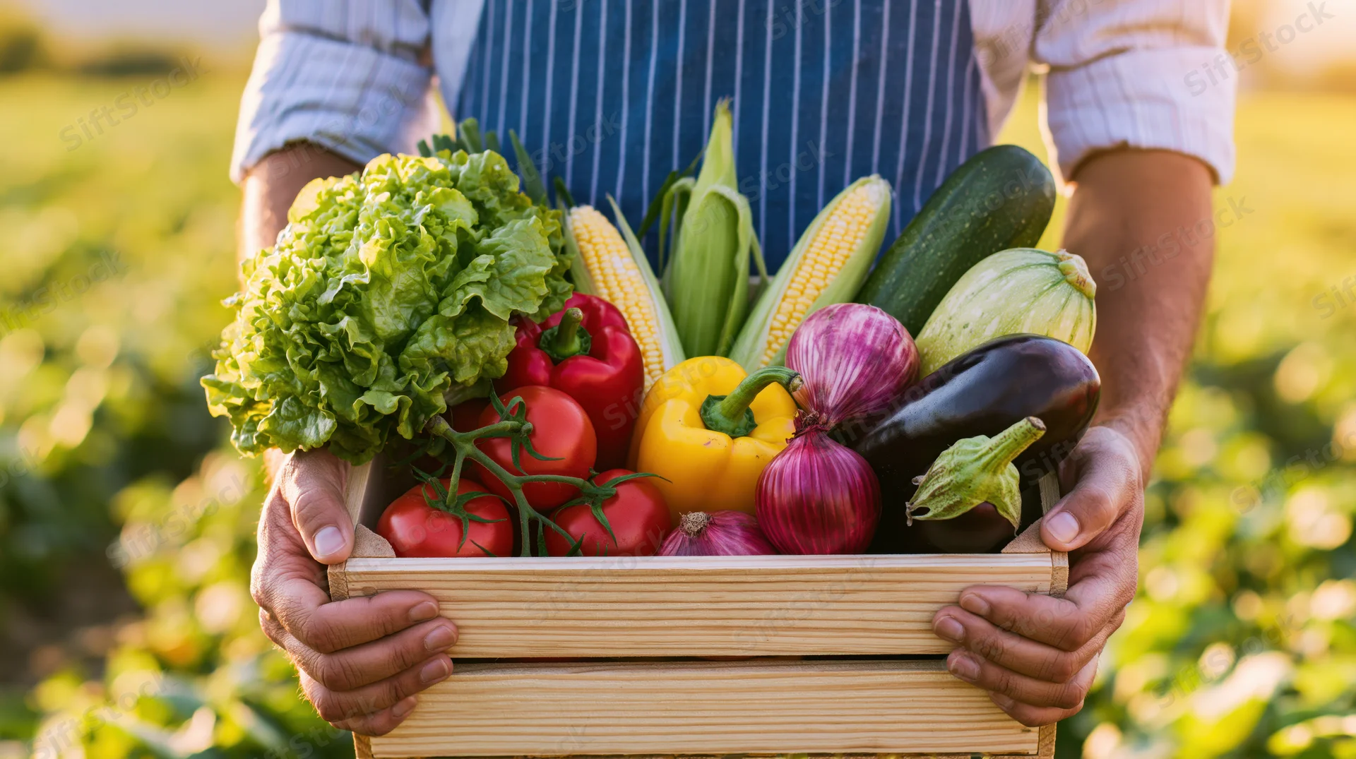 Farmer holding wooden crate filled with fresh vegetables in a sunlit field