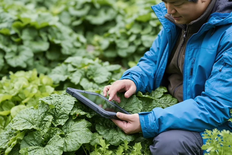 Asian man using tablet to inspect crops in a green field