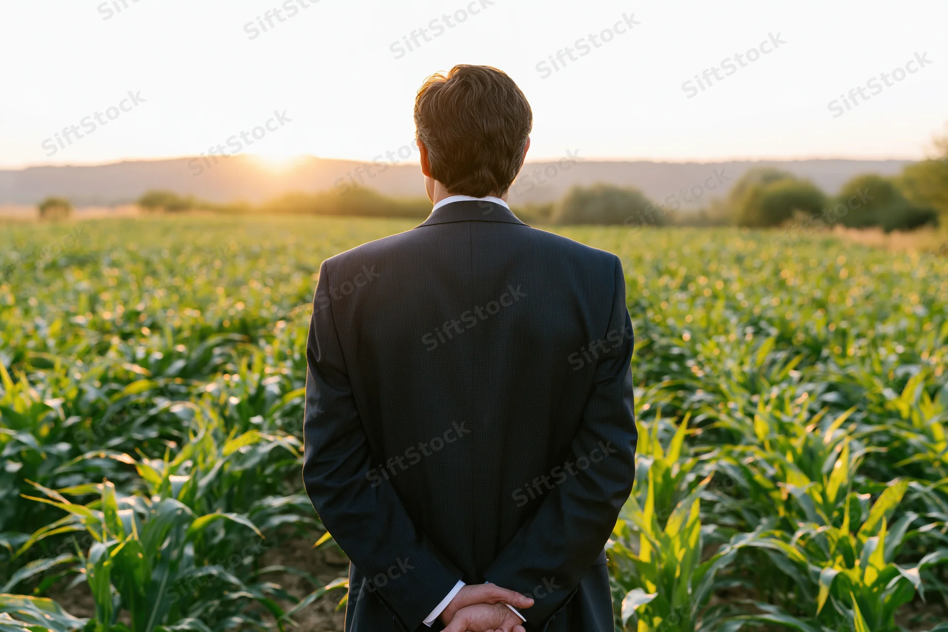 Man in dark suit standing with hands behind back in a cornfield at sunset