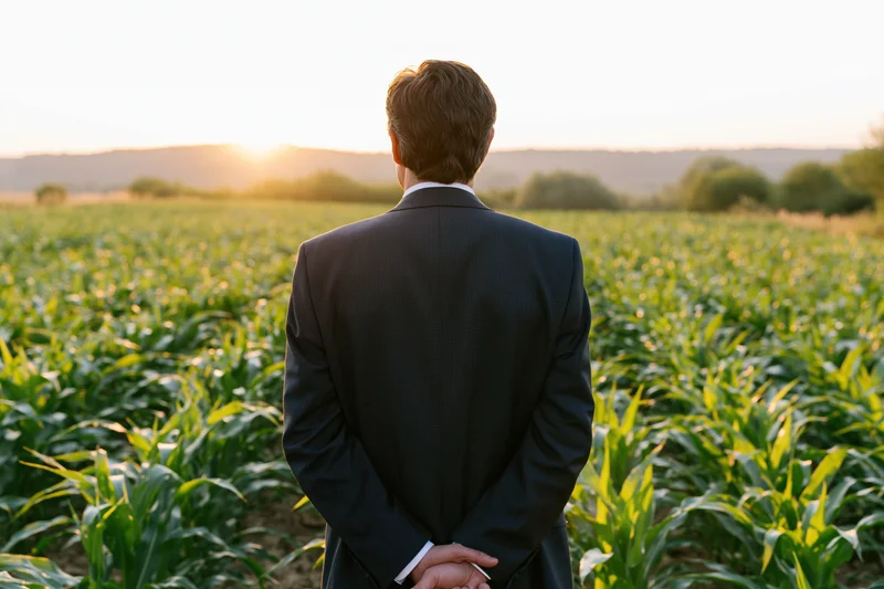 Man in dark suit standing with hands behind back in a cornfield at sunset
