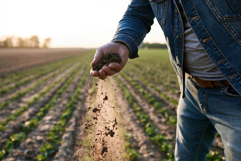 Person in denim jacket holding soil over a field