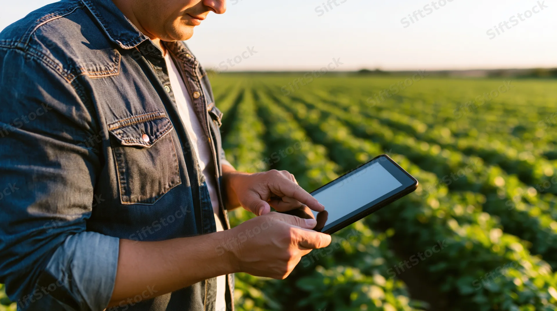 Farmer using tablet in a green crop field during daytime
