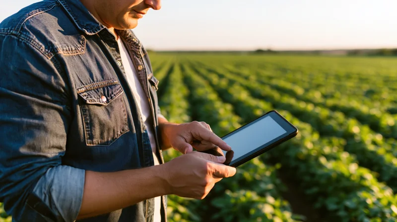 Farmer using tablet in a green crop field during daytime
