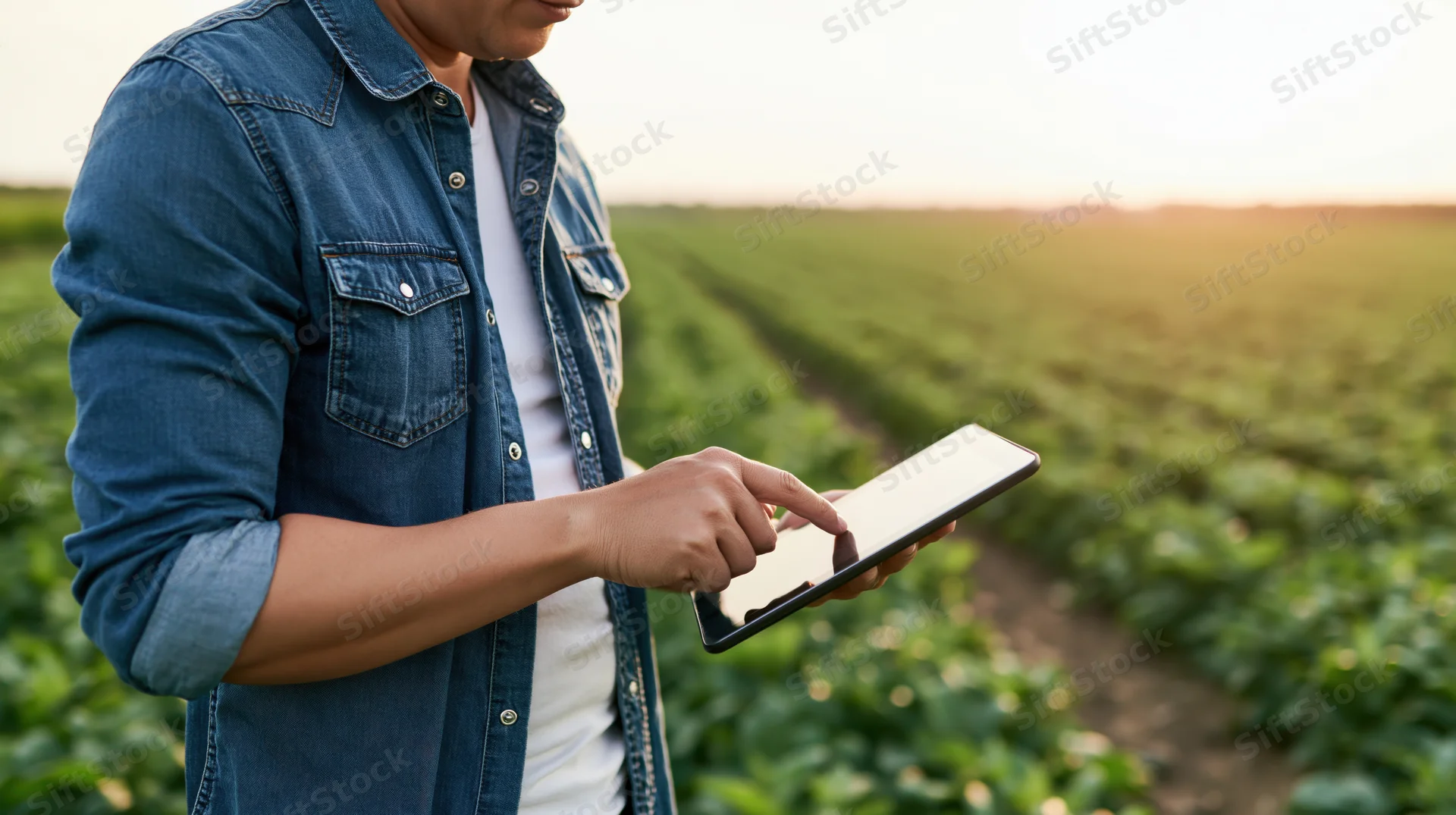 Man using tablet in a crop field at sunset