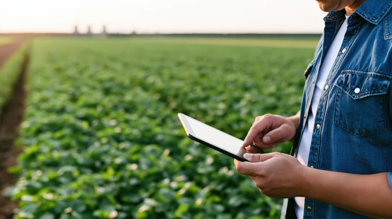 Farmer using tablet to monitor soybean crop in field