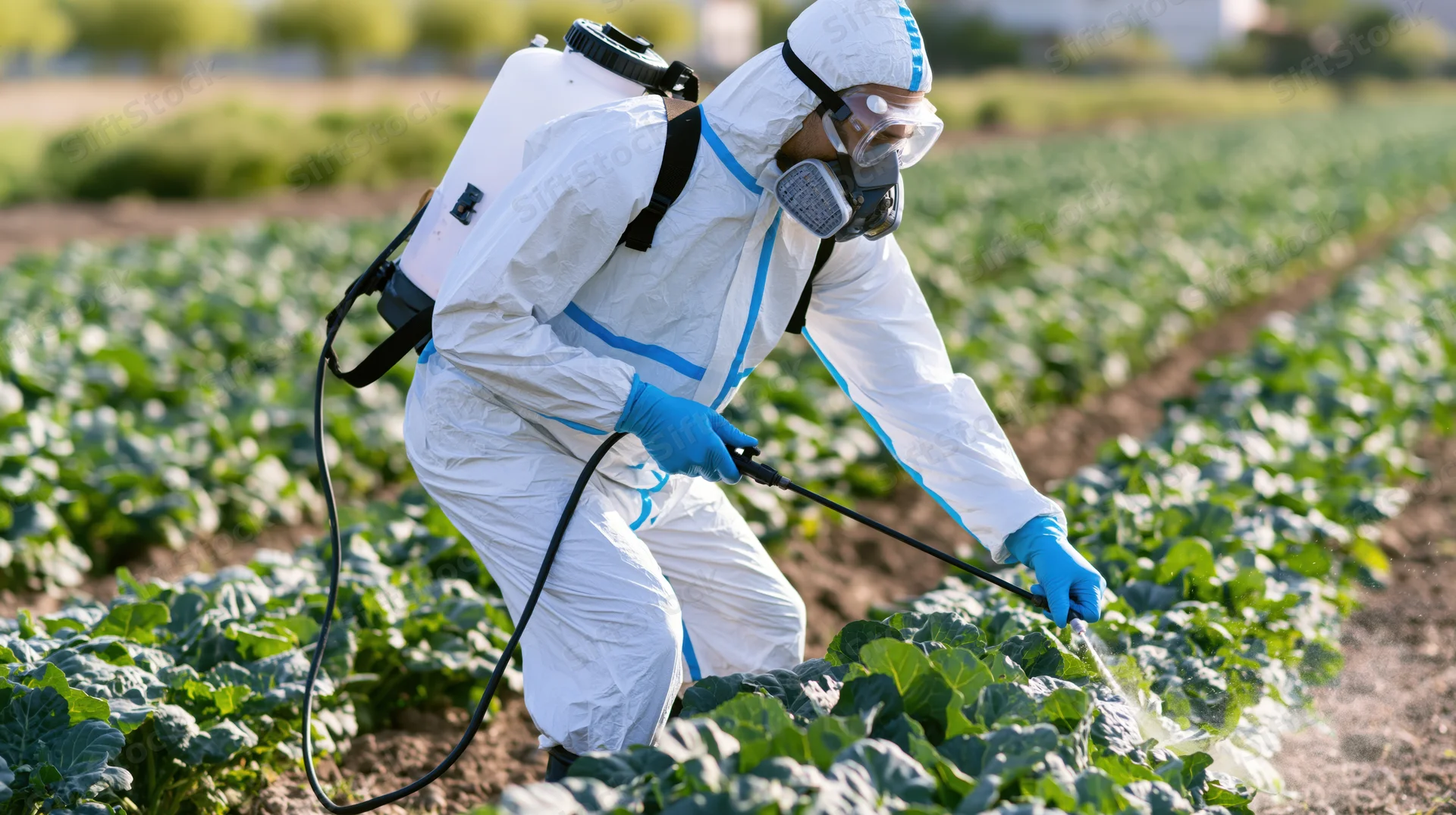 Farmer in protective suit spraying pesticide on cabbage field