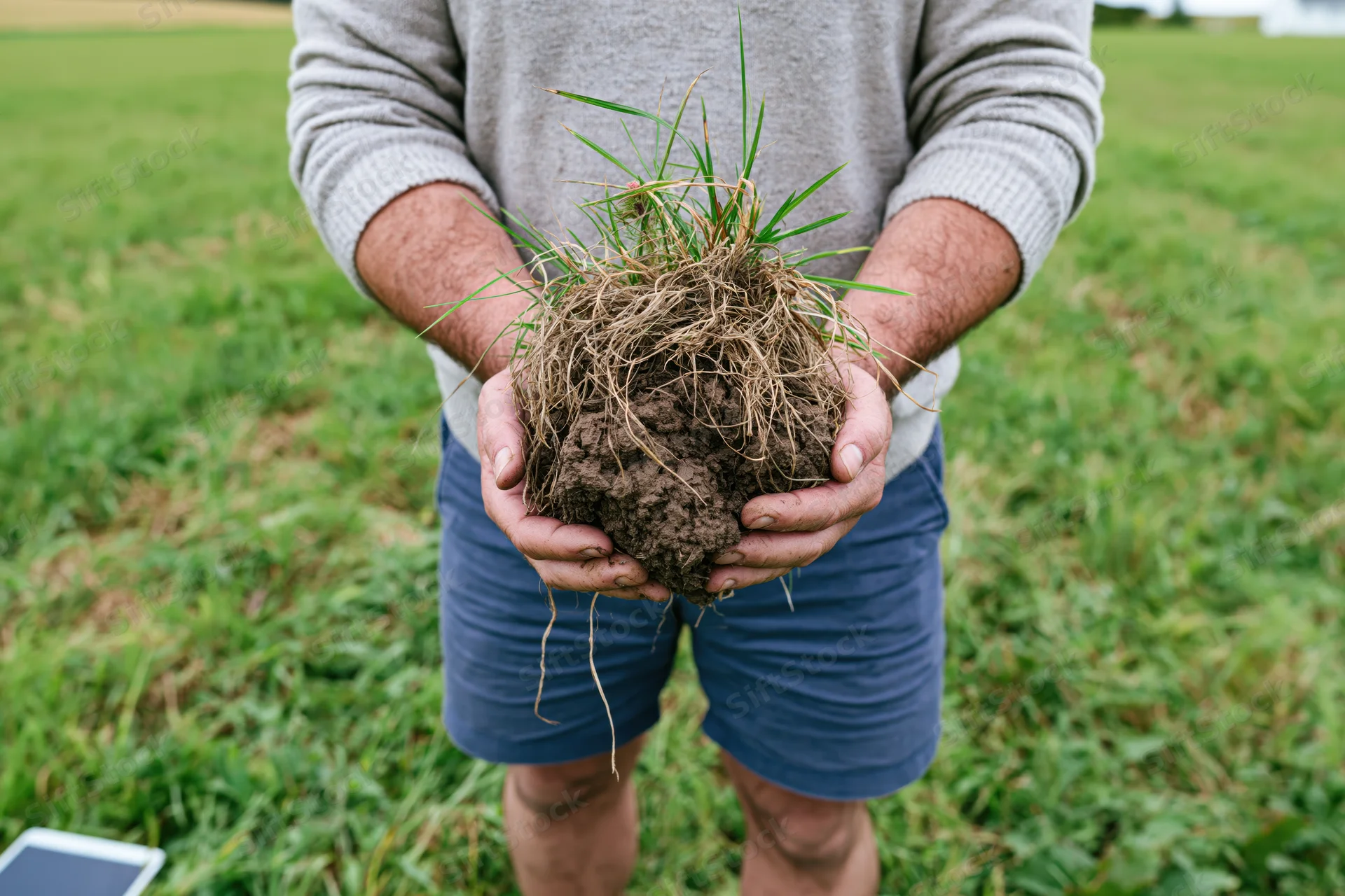Farmer holding soil sample with grass roots in field