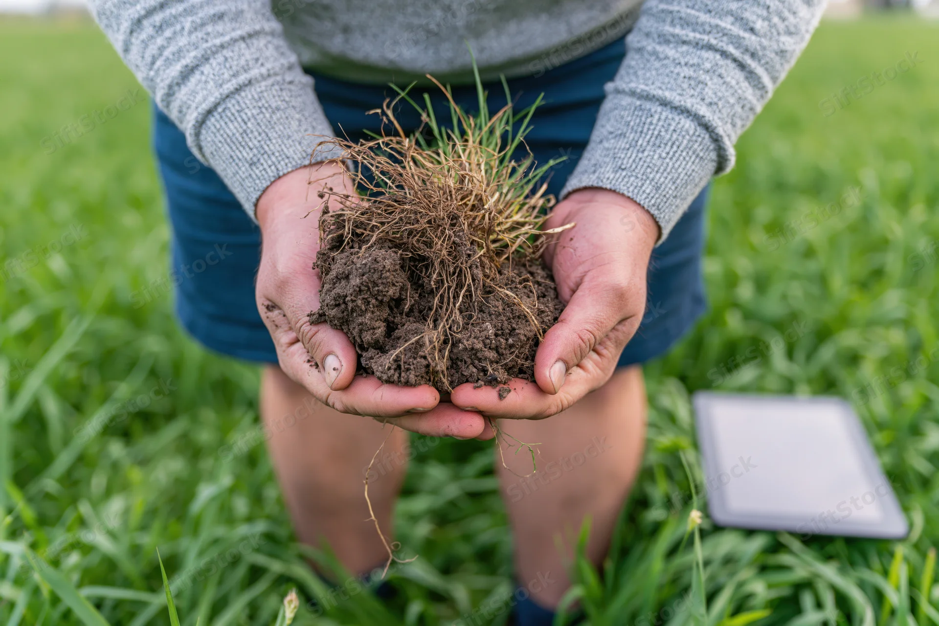 Woman holding soil and grass roots in hands in a green field with tablet nearby