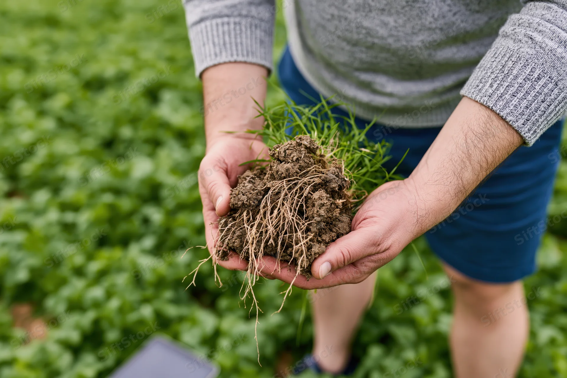 Farmer holding soil and plant roots in a green field