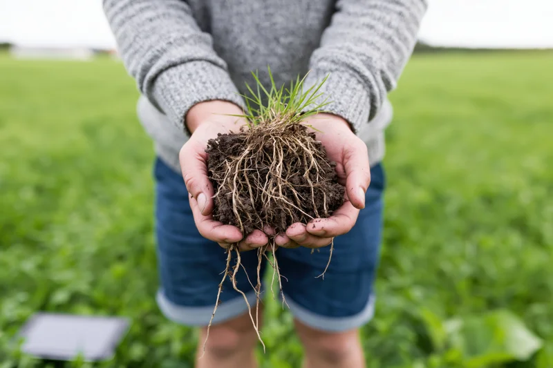 Person holding a clump of soil with plant roots in a green field