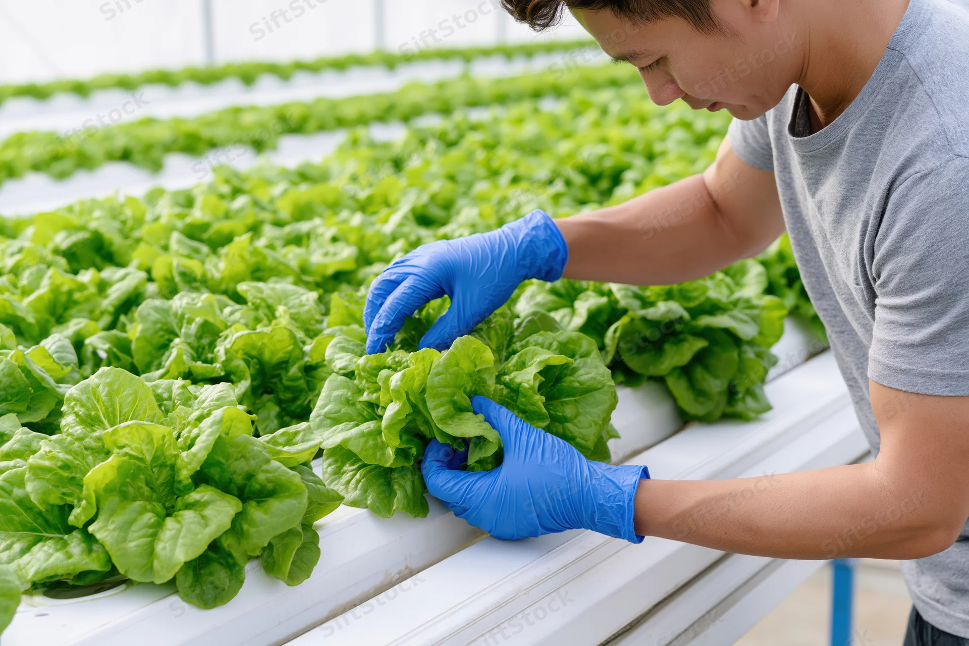 Man inspecting lettuce plants in a hydroponic greenhouse