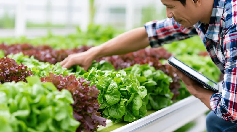 Man inspecting lettuce crops in greenhouse with tablet