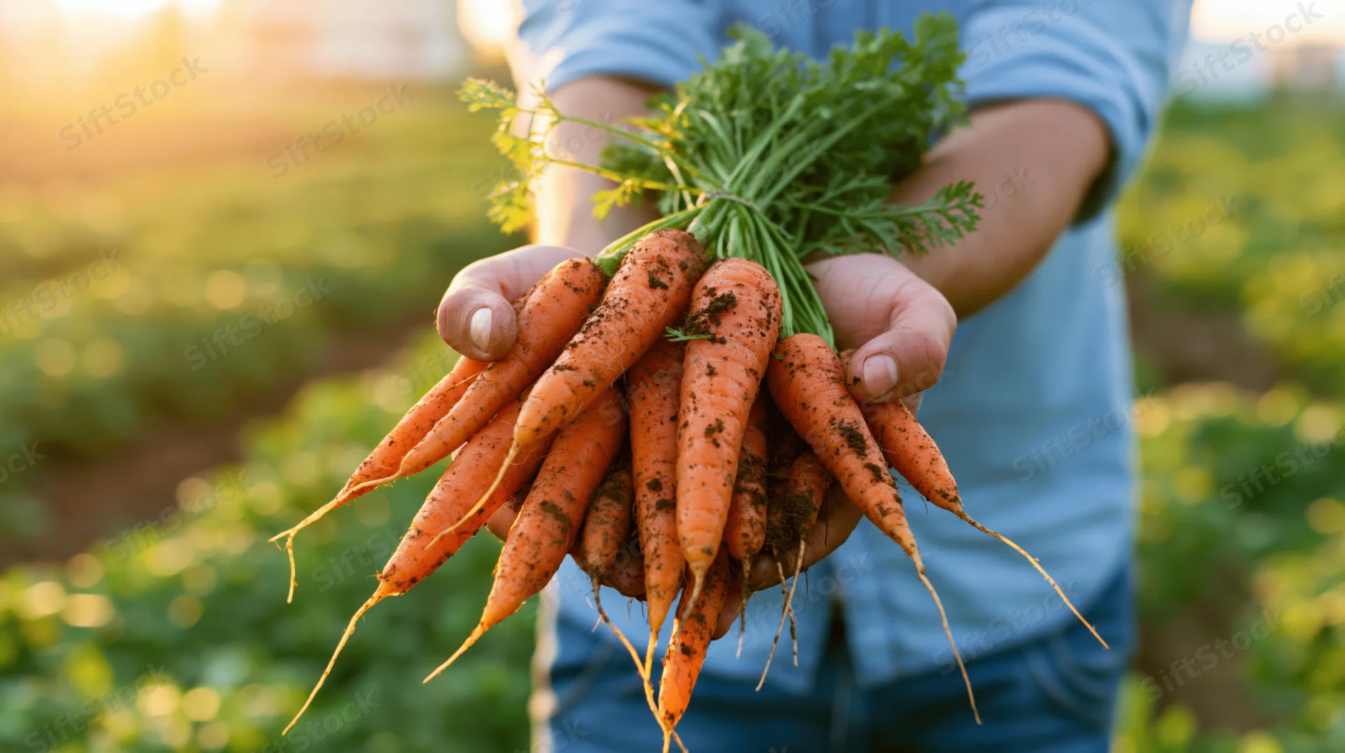 Farmer holding freshly harvested carrots in a field at sunset
