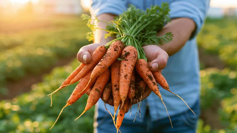 Farmer holding freshly harvested carrots in a field at sunset