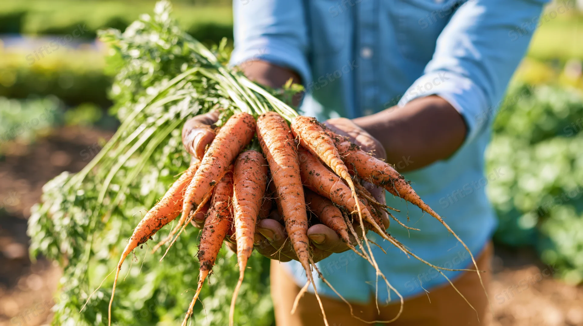 Farmer holding freshly harvested carrots in a garden field