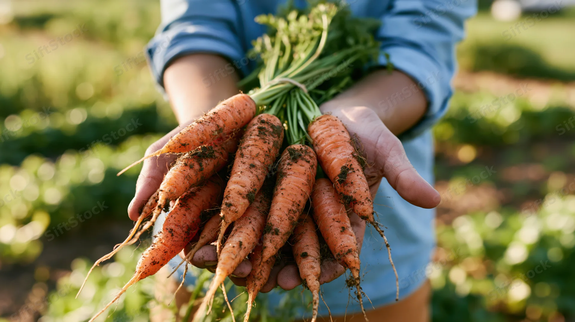 Farmer holding freshly harvested carrots in a field