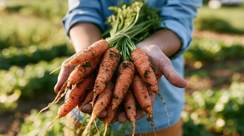 Farmer holding freshly harvested carrots in a field