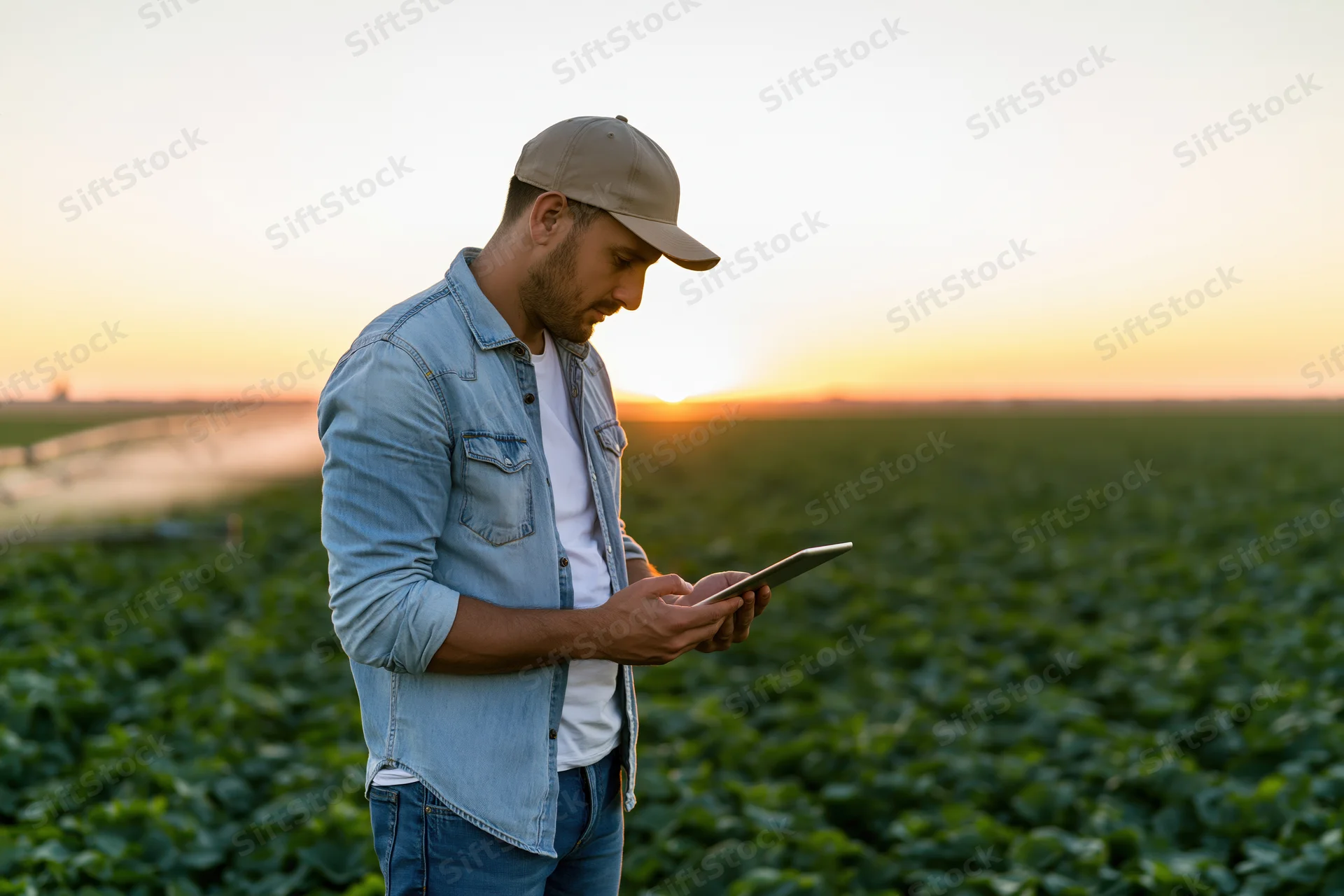 Man in denim shirt and cap using tablet in a green field at sunset