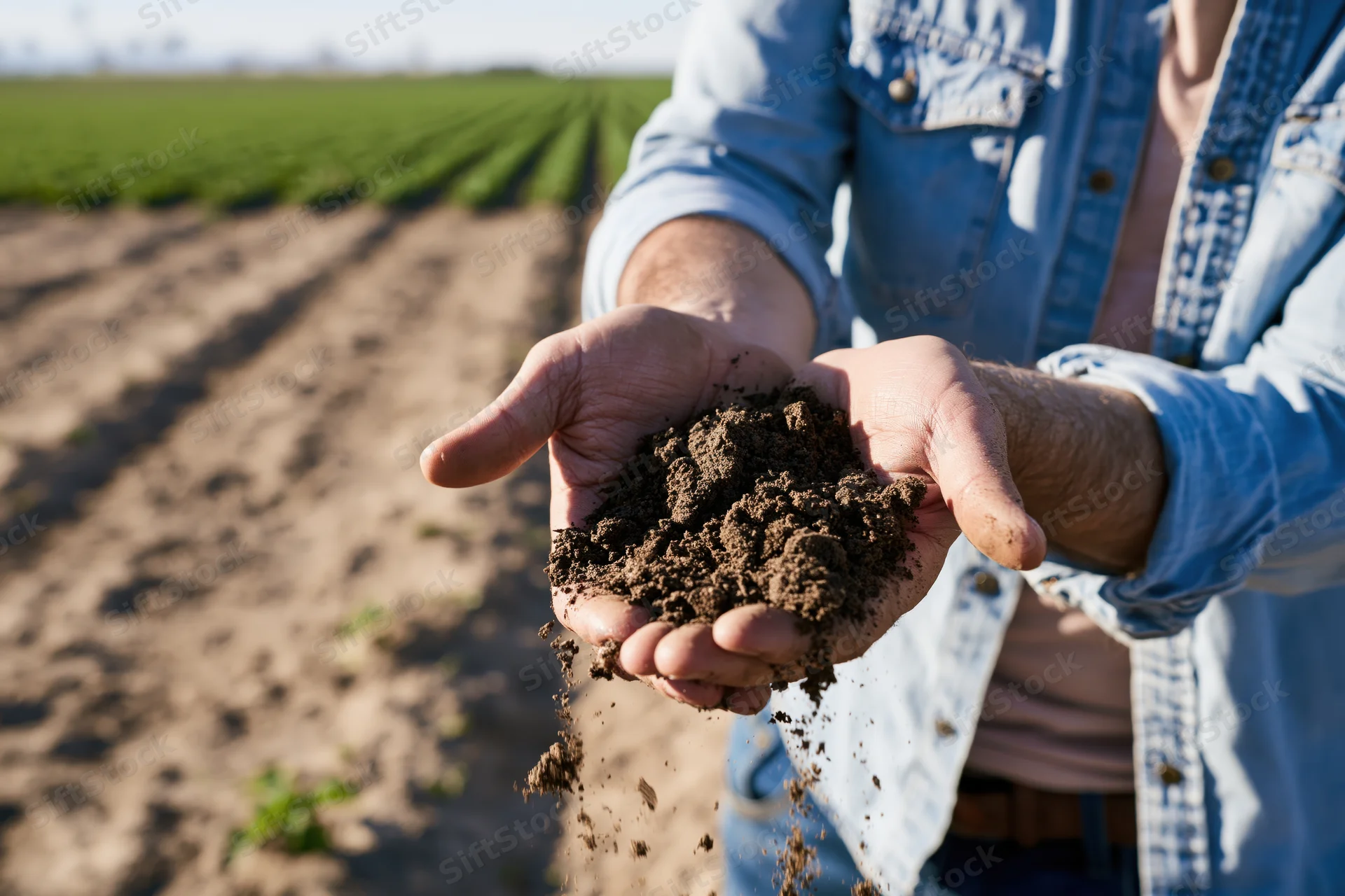 Farmer holding soil in hands over a cultivated field