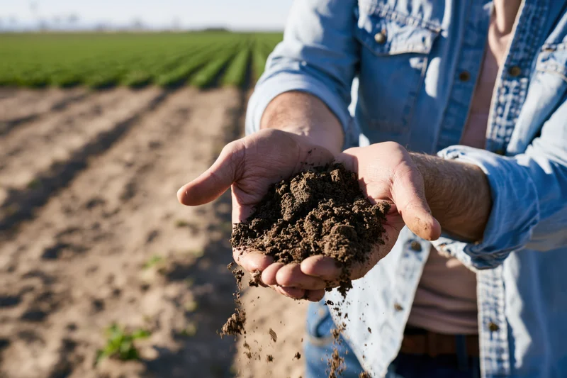 Farmer holding soil in hands over a cultivated field