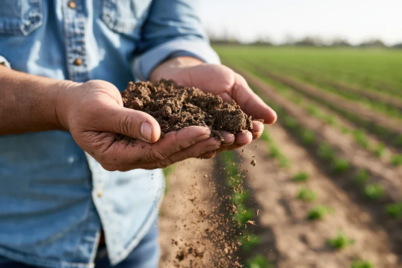 Farmer holding soil in hands over a cultivated field