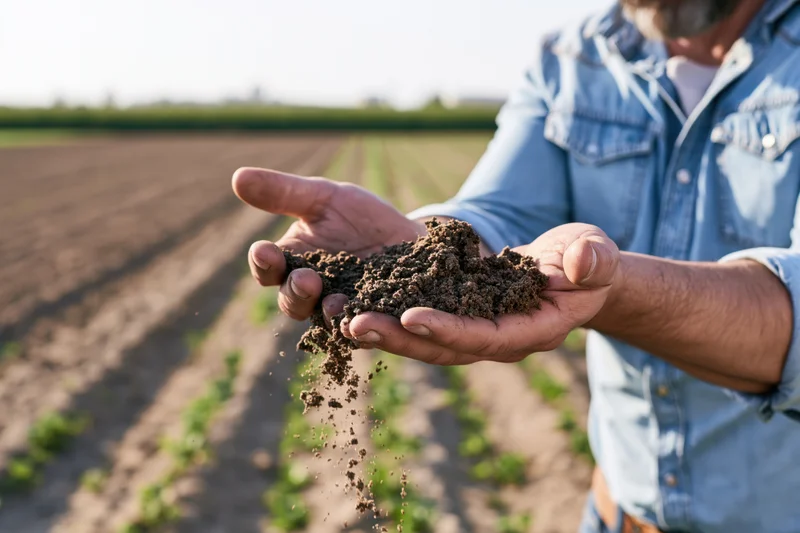 Farmer holding soil in hands over a cultivated field