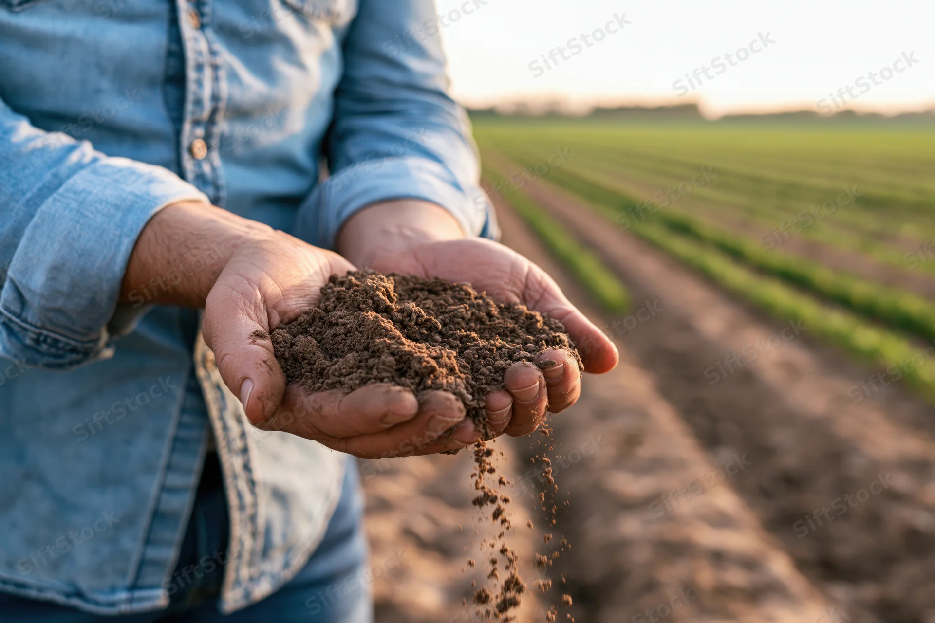 Farmer holding soil in hands over cultivated field
